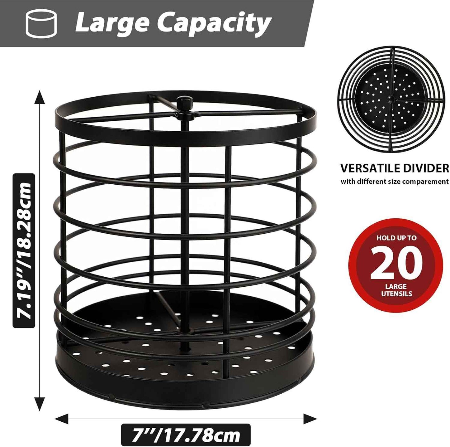 KOLUTI 360° Rotating Kitchen Utensil Holder Organizer, 7.2" x 7" Extra Large Cooking Tool Storage Round Caddy, Weighted Base with Drain Hole, Wire Metal Flatware Crock for Countertop, Paint Black