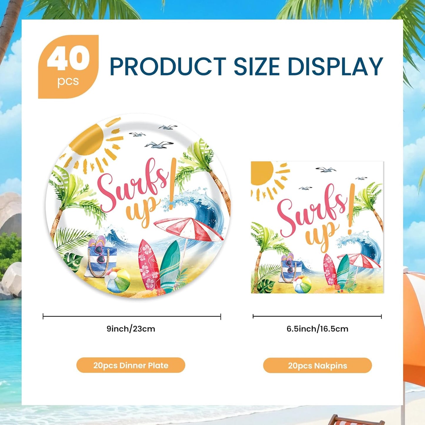 40 Pcs Summer hawaiian Party Dessert Plates and Napkins Sets pool party plates surf up 9" Paper Plates and 6.5" Napkins Party Supplies Tableware Decoration For Birthday Picnic