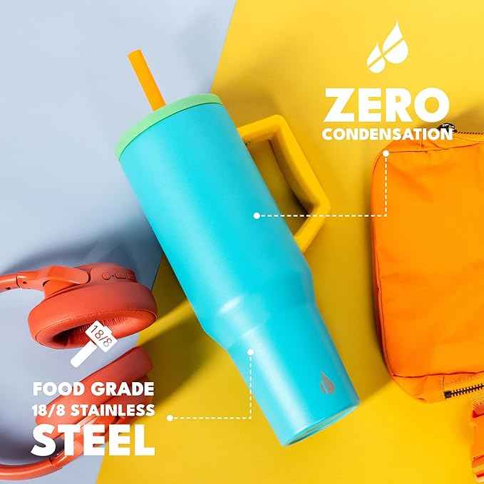 Elemental 40 oz Tumbler with Handle and Straw - Spill Proof Insulated Stainless Steel Commuter for Cold Beverages - Travel Coffee Mug with 2 Straws & Spill Proof Lid - 40oz- Blue Lagoon