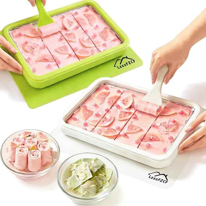 2 Pack Rolled Ice Cream Maker - DIY Instant Cold Plate Set for Homemade Ice Cream Rolls, 304 Stainless Steel Kit with 4 Scrapers & 2 Lids, Large Frozen Yogurt Pans for Family Fun (2PCS WH&GN)