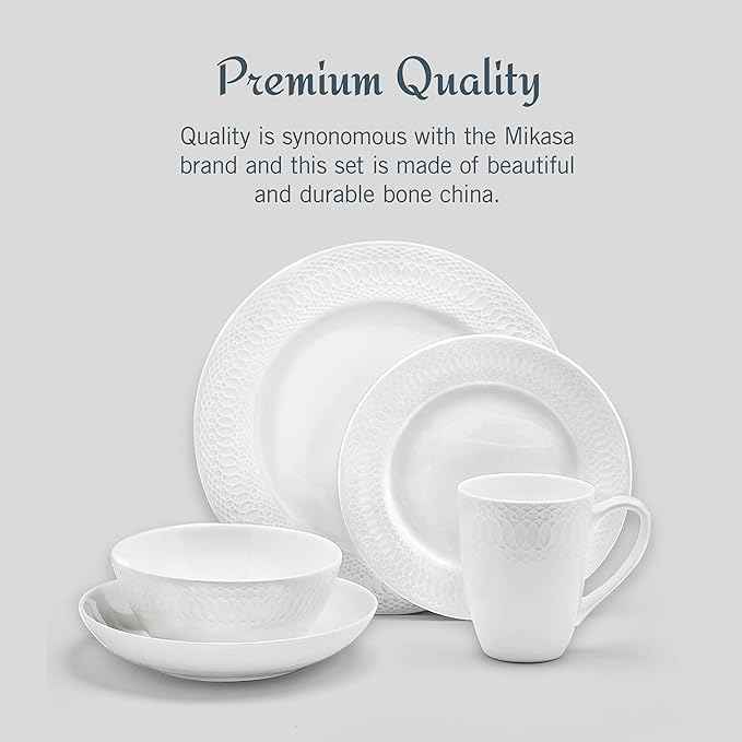Mikasa Levi 40 Piece Bone China Dinnerware Set, Embossed Plates Bowls, Chip-Resistant, Lightweight, Elegant and Durable, Service for 8, White