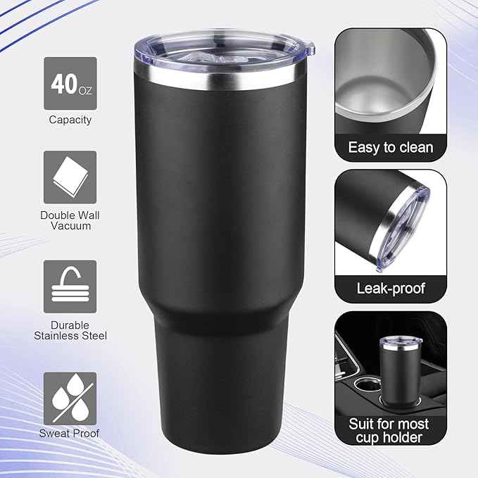 40 oz Tumbler with Lids and Straws Double Wall Vacuum Insulated Tumbler Cup,Stainless Steel Leak-proof Thermal Tumbler Powder Coated Travel Coffee Mug for Cold and Hot Drinks,Black