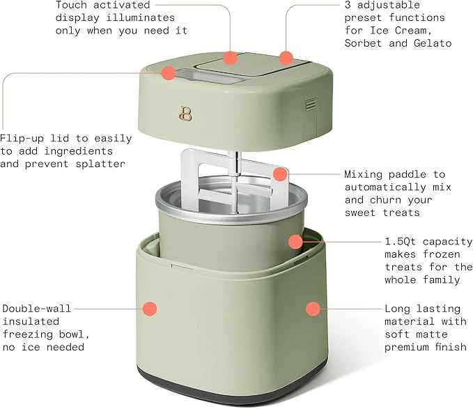 1.5 Quart Ice Cream Maker with Touch Control Panel, Freezer Bowl Design, Compact Electric Machine for Homemade Frozen Desserts, Gelato & Sorbet (Sage Green)