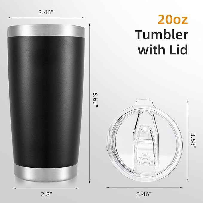 20 oz Tumbler Bulk with Lid Stainless Steel Insulated Tumblers Double Wall Vacuum Coffee Mug Powder Coated Tumbler Cups for Cold and Hot Drinks, Black, 6 pack