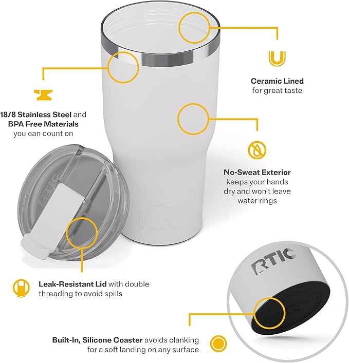 RTIC 30oz Essential Tumbler with Lid, Ceramic Lined, Insulated, Stainless Steel, Metal, Double Wall Vacuum-Insulation, Travel Cup for Iced Coffee, Tea, Hot and Cold Drink, White