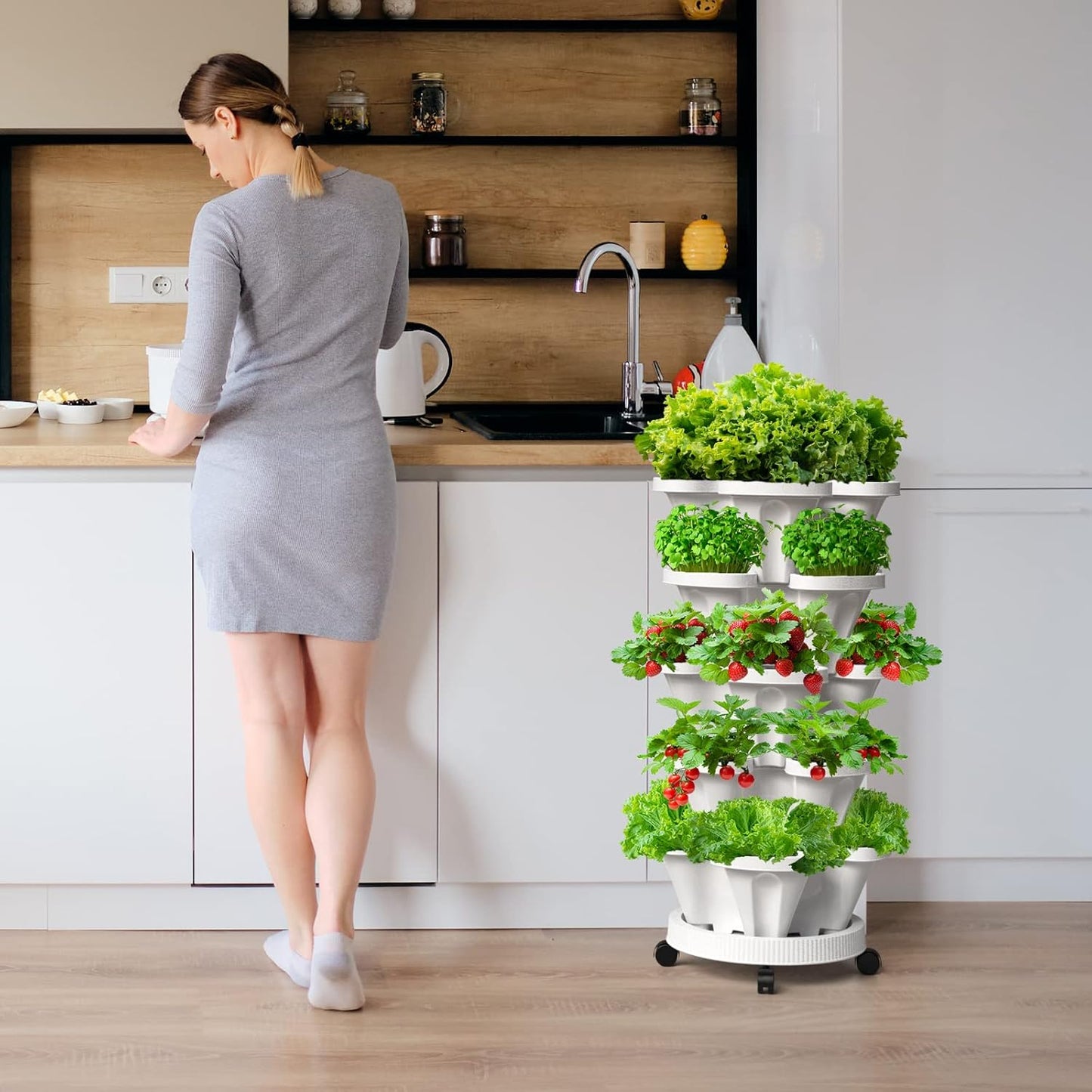 7 Tiered Strawberry Vertical Planters, 2 Pack Stacking Tower Garden with Support Pole, Stackable Herb Vegetable Planters Indoor Outdoor White