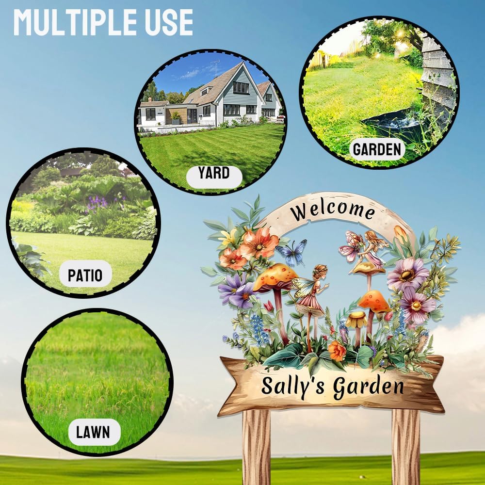 Cute Fairy Garden Metal Signs Custom with Stake,Gardeners Name Sign Personalized Decor for Outside Yard,Customized Gardening Gifts for Granddaughter Birthday,Butterfly Welcome Plaque for Lawn Patio