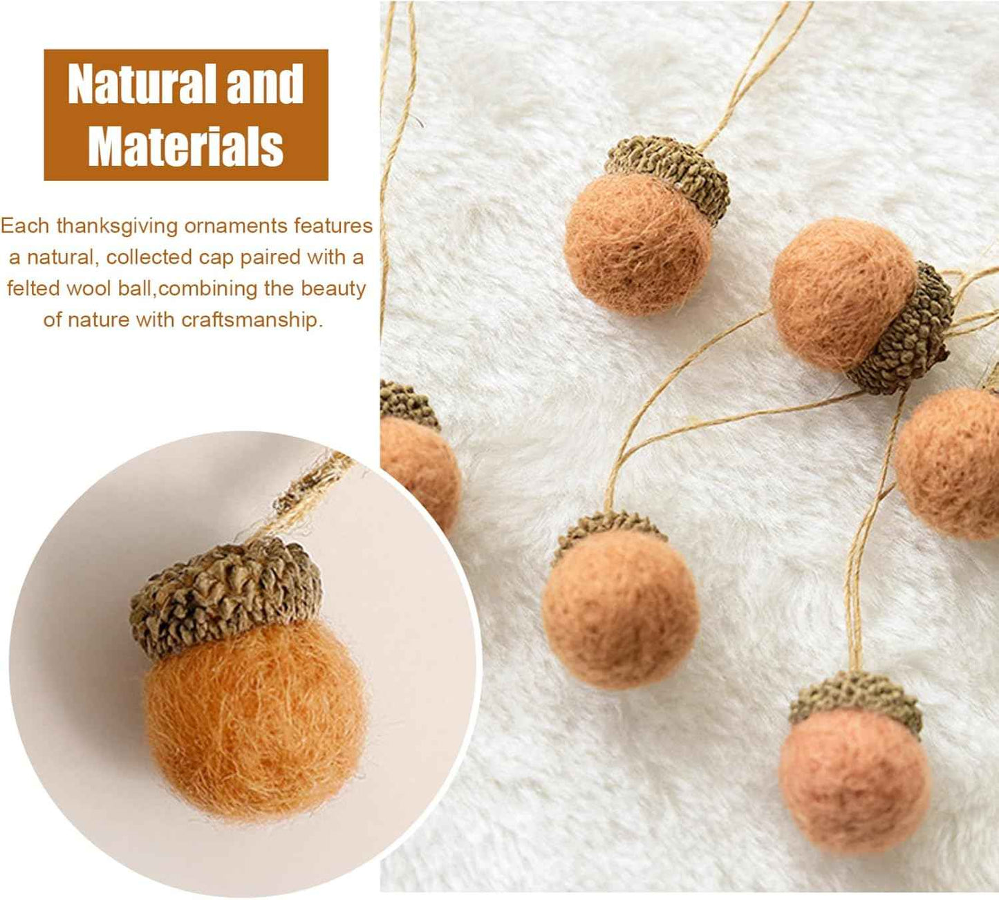 Acorns for Decorations, 10Pcs Felt Acorn Ornaments, Hanging Wool Felted Acorn Garland for Fall Tree Ornaments, Ball Pom Decor with Rope for Thanksgiving Christmas Tree Mantel