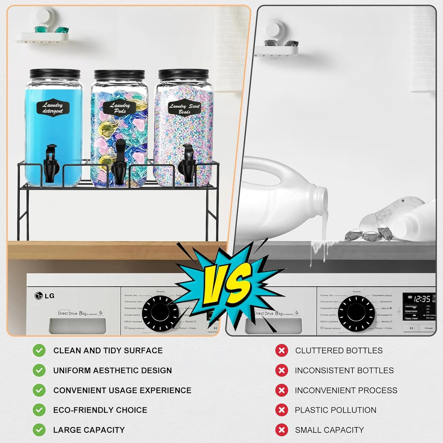 3-Pack 2.2L Glass Laundry Detergent Dispenser Set with Stand - Premium Liquid Soap Dispenser with PP Spigots, Measuring Cups, and Chalkboard Labels for Laundry Room Organization and Storage