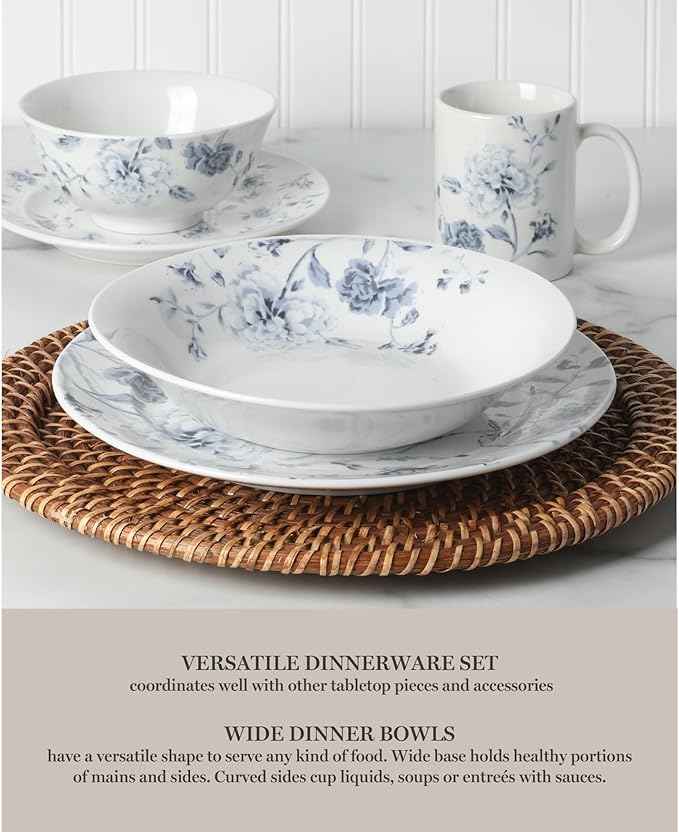 Martha Stewart Empress Bouquet 30 Piece Decorated Porcelain Chip and Scratch Resistant Dinnerware Plates and Bowls Set - Blue Floral