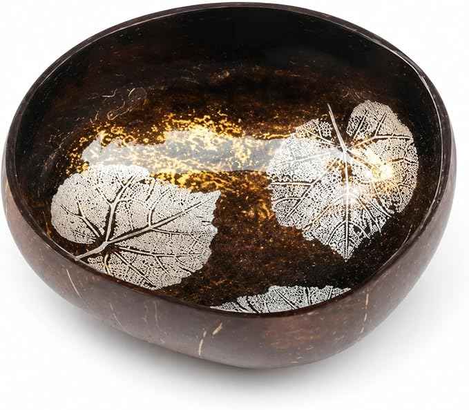 ChezMax Natural Coconut Bowl Mother of Pearl Inlaid Shell Key Bowls for Entryway Table Candy Container Nuts Holder Fruits & Dry Snack Storage Round Handcrafted Bowl for Decoration Yellow