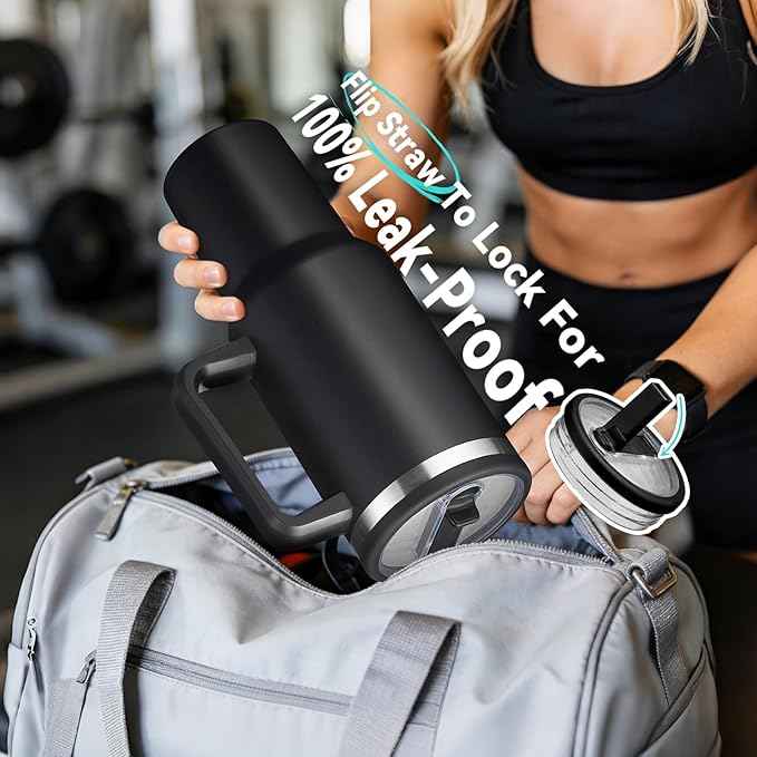 BENZZO Leak-proof 40oz Tumbler with Handle - Black Insulated Water Bottle With Straw 40 OZ Insulated Coffee Mug Travel Cup