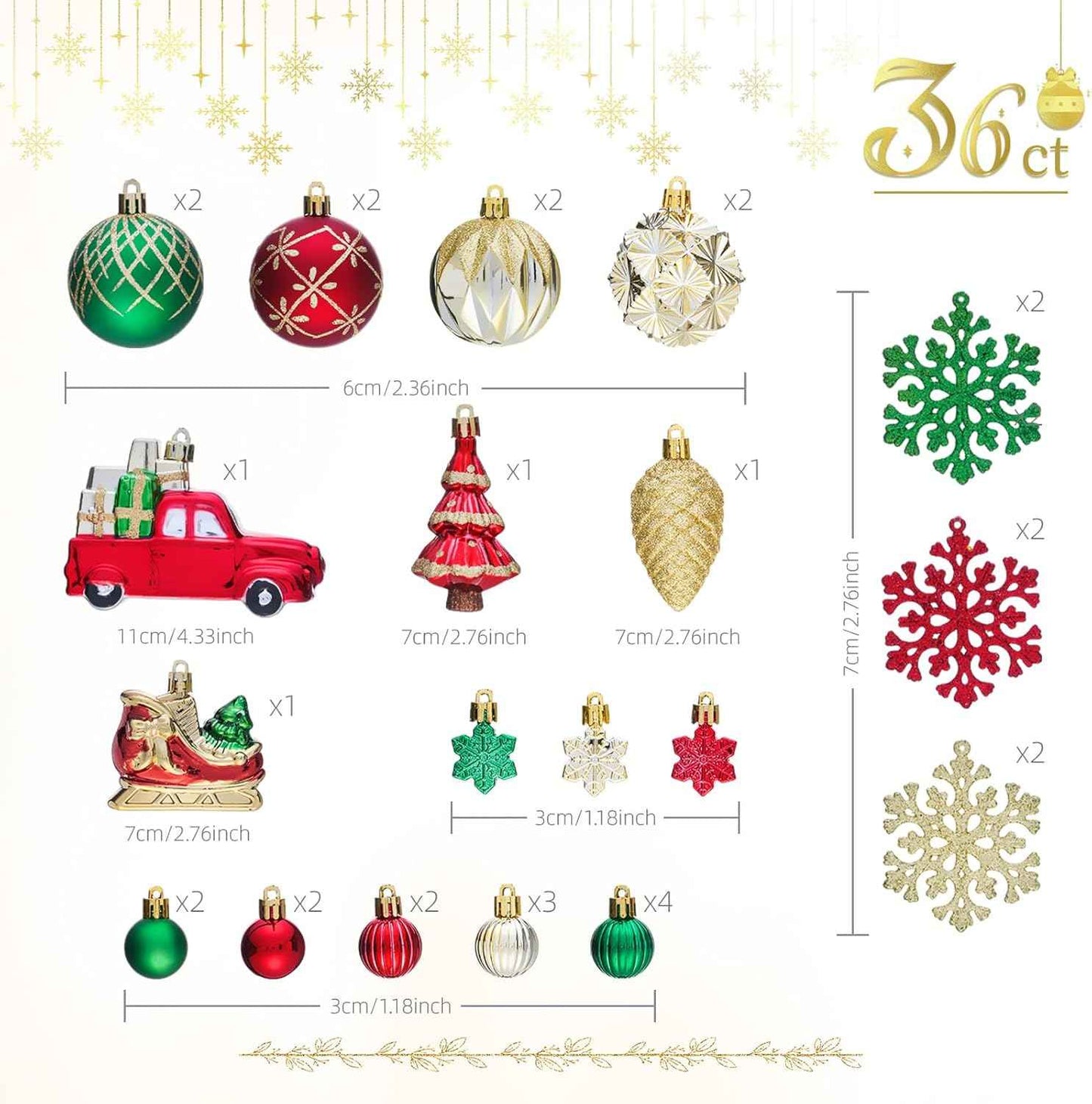 Christmas Ball Ornaments Set for Tree Decorations, 36ct Red Gold Green Classic Shatterproof Plastic Xmas Balls Decor Hanging Ornament Bulk for Holiday Wedding Birthday Party
