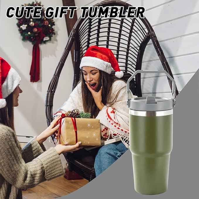 20 oz Tumbler with Handle, Insulated Tumbler with Lid and Flip Straw Leak Proof Double Wall Stainless Steel Vacuum Travel Coffee Mug Insulated Water Bottle Thermal Cup, Cupholder Friendly,Camp Green