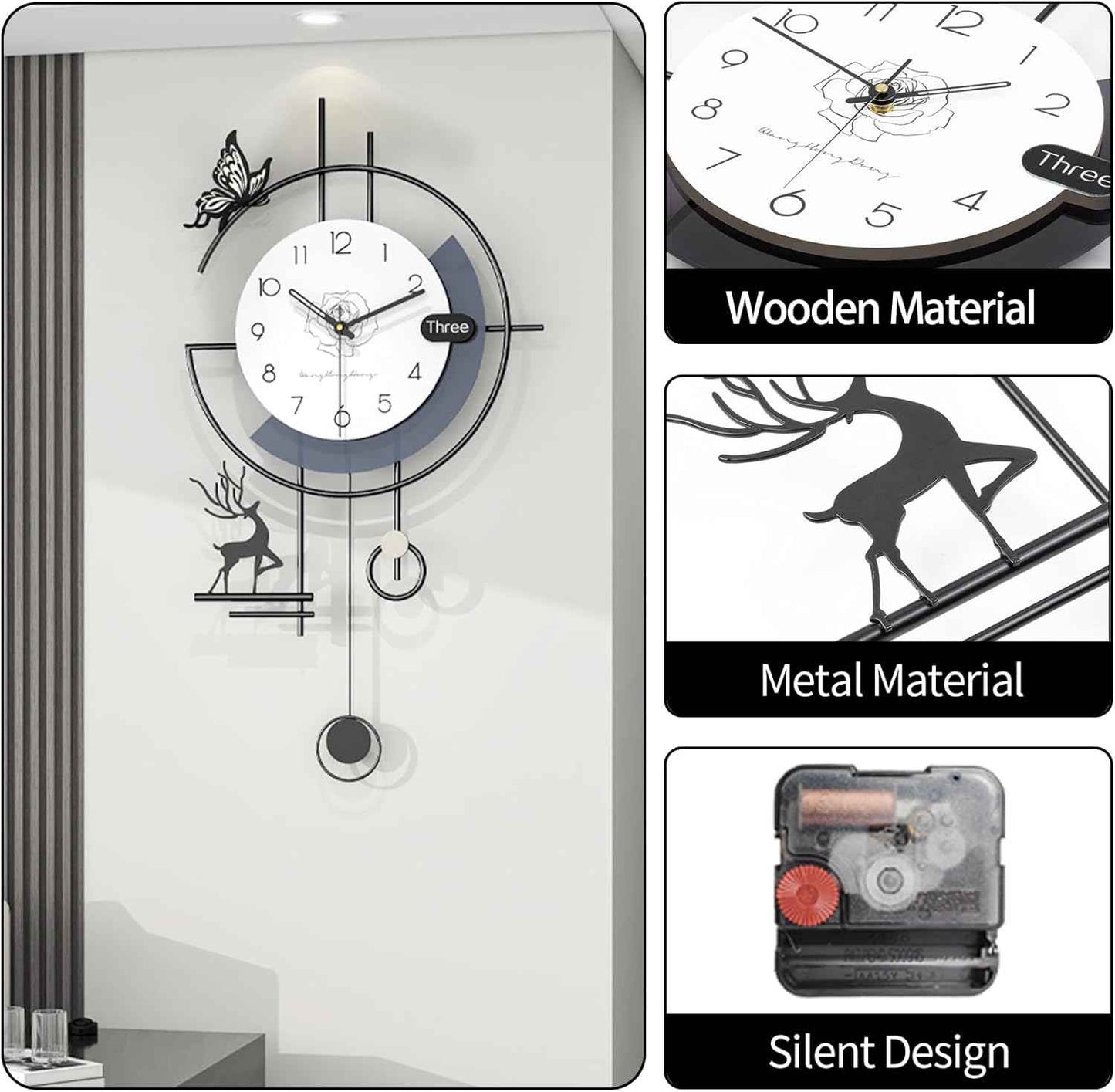 Modern Wall Clock, Large Wall Clocks for Living Room Decor, 3D Silent Clock Wall Decor, Battery Operated, Non Ticking Wall Clock for Bedroom Office Kitchen Decoration (Black White, 17.7X33.5 Inch)