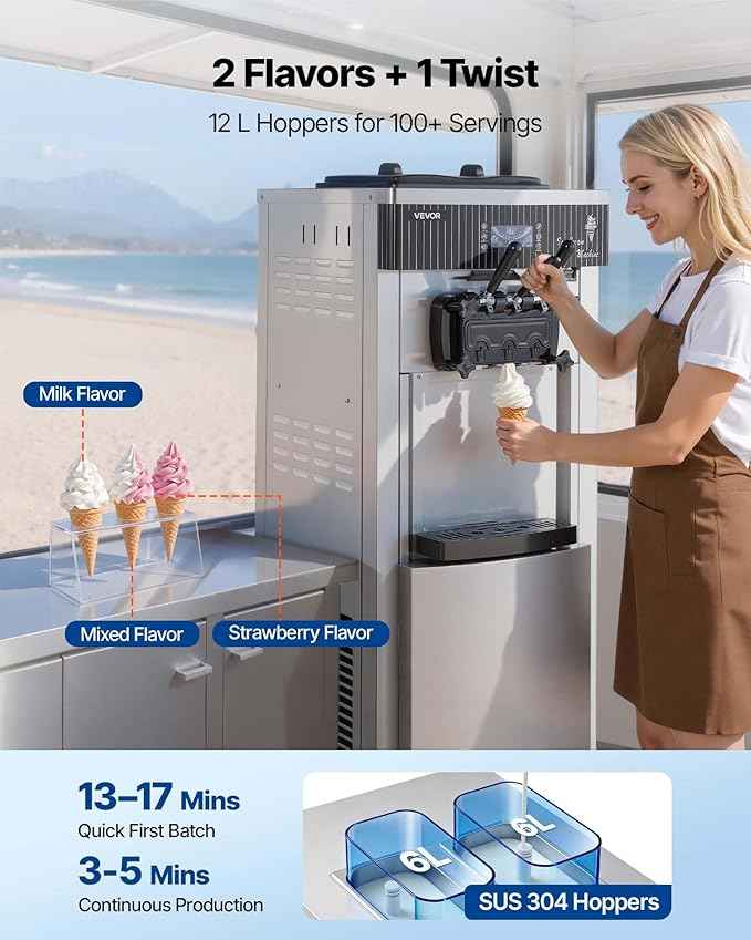 VEVOR Commercial Ice Cream Machine, 20-28L/H Yield, 2200W 3-Flavor Freestanding Soft Serve Ice Cream Maker with 2 x 6L Hoppers & Hopper Agitation, Pre-Cooling Self-Cleaning for Snack Dessert Shops