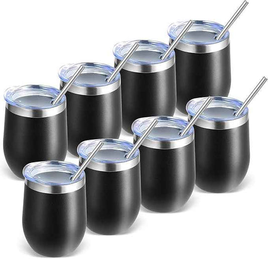 Volhoply 12oz Stainless Steel Wine Tumbler with Lid Bulk 8 Pack,Double Wall Vacuum Stemless Wine Glasses,Reusable Metal Travel Coffe Mug with Straw,Insulated Cup Gifts for Women,Christmas（Black,8 Set）