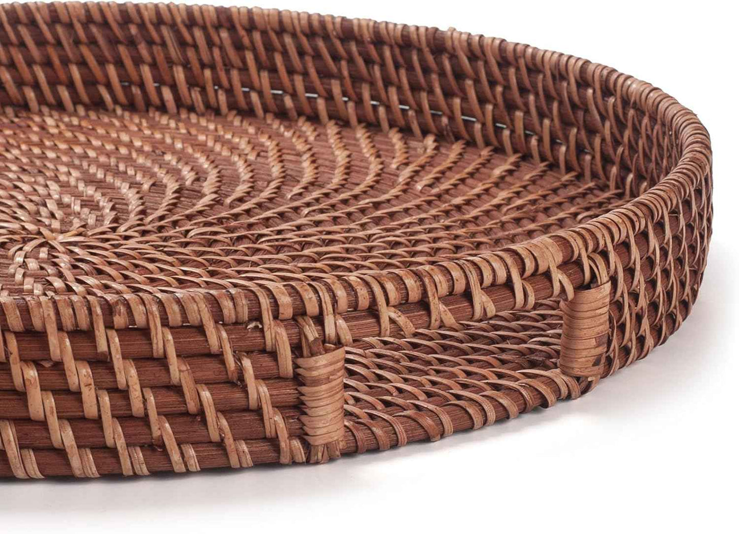 16.9 inch Rattan Tray, Round Wicker Tray with Cut-Out Handles, Woven Serving Tray for Dining/Coffee Table