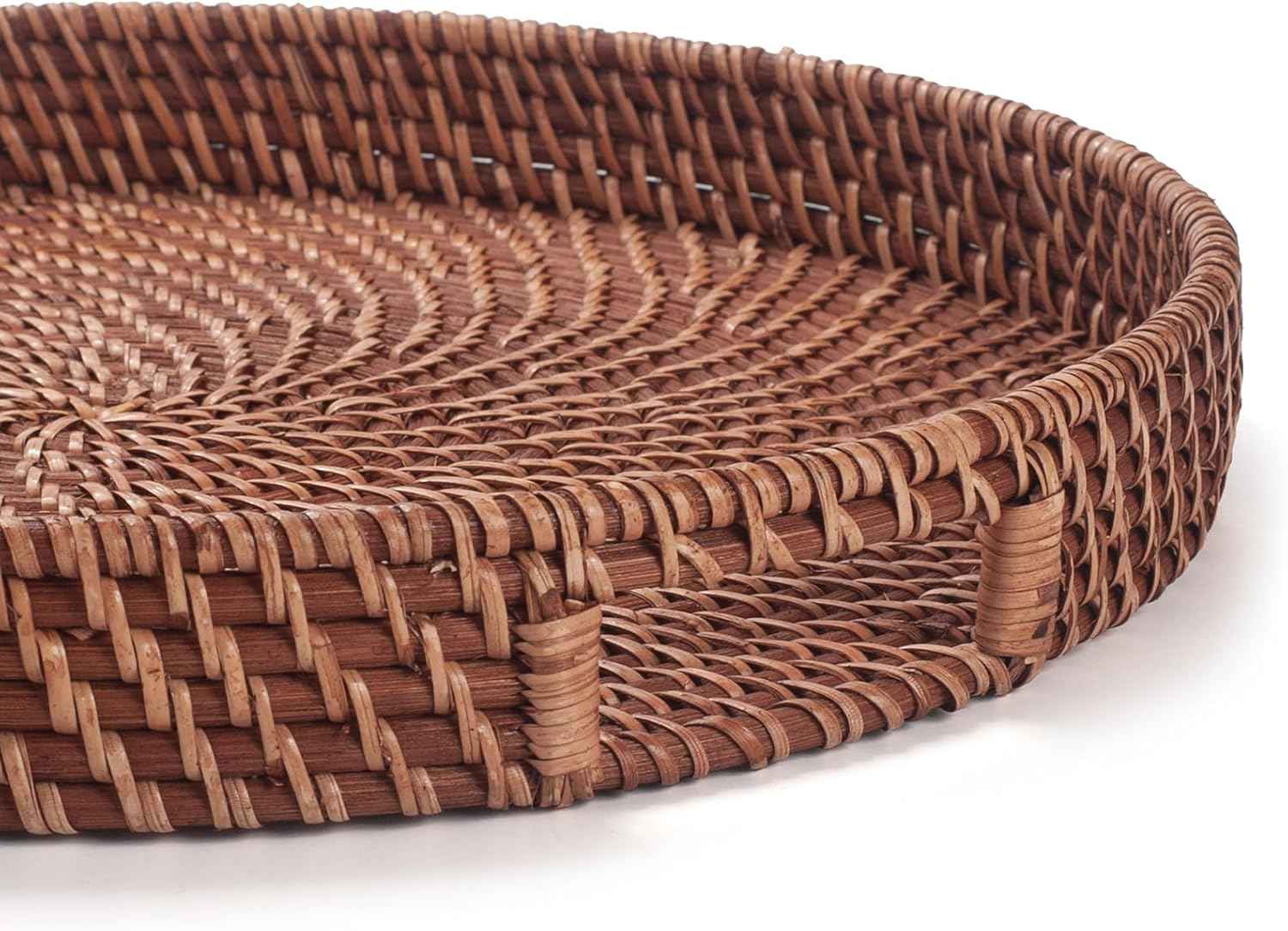 16.9 inch Rattan Tray, Round Wicker Tray with Cut-Out Handles, Woven Serving Tray for Dining/Coffee Table