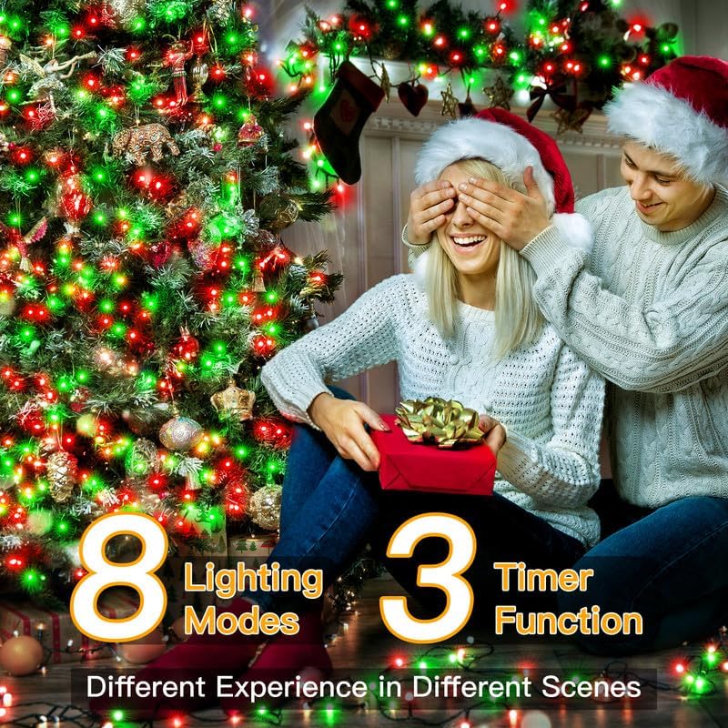 Ollny Christmas Lights, 500LED 164FT Long Christmas Tree Lights with 8 Modes Remote Timer IP44 Waterproof, Outdoor Christmas Lights for Tree House Yard Outside Xmas Decorations (Red+Green)