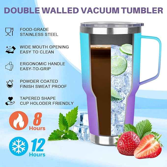 30 oz Stainless Steel Tumbler with Handle, Double Wall Vacuum Insulated Coffee Mug Tumbler with Lid and Straw, Thermal Cup for Cold and Hot (Blue Purple)