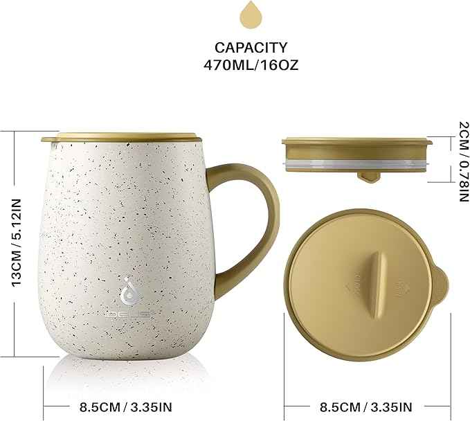 Ideus 16 oz Insulated Coffee Mug with Handle and Lid, Double Wall Stainless Steel Vacuum Thermal Coffee Mug, Travel Coffee Cup Thermal Cup for Home and Office, Eggshell Yellow