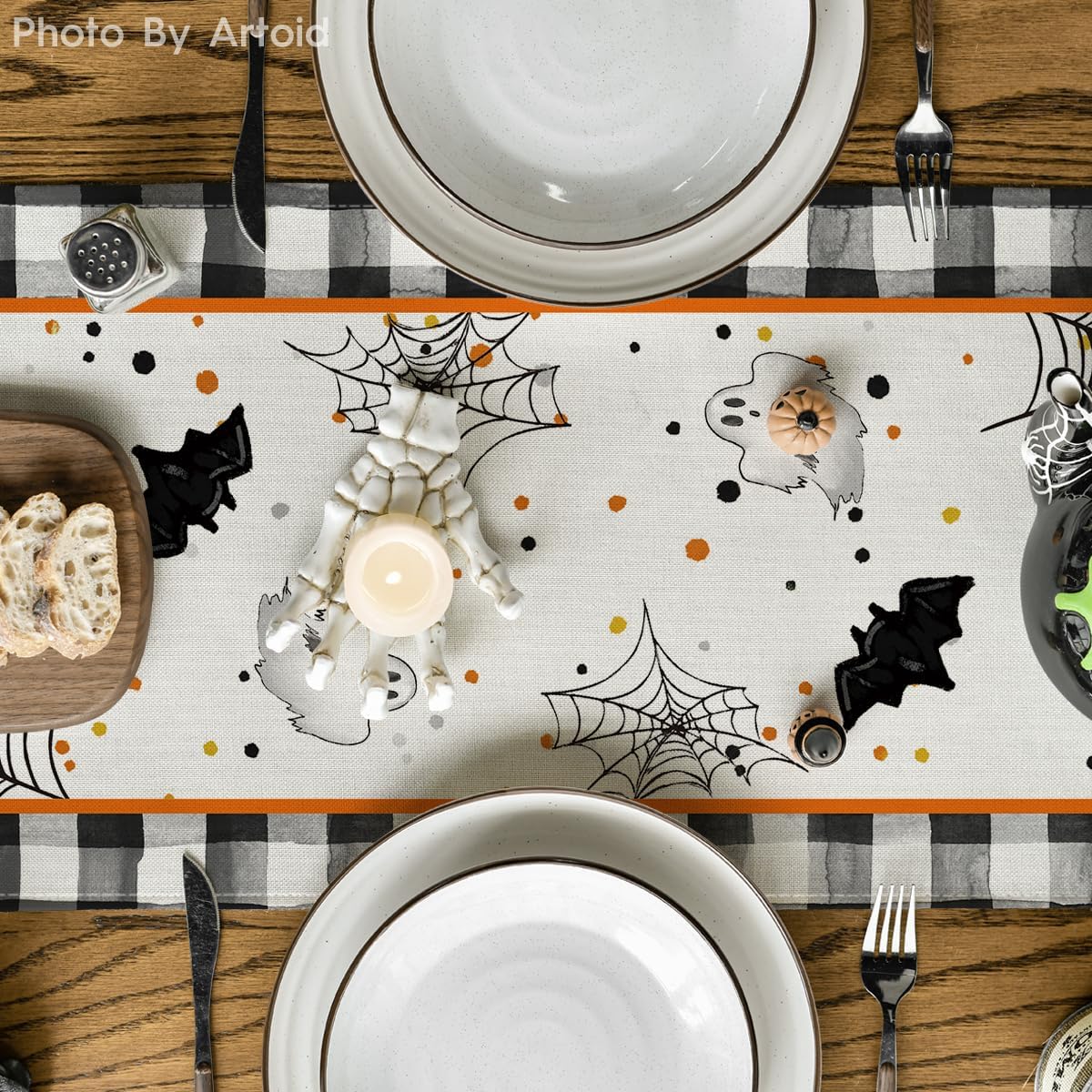 Artoid Mode Buffalo Plaid Gnome Bat Pumpkin Ghost Halloween Table Runner, Sensonal Kitchen Dining Table Decor for Home Party 13x108 Inch