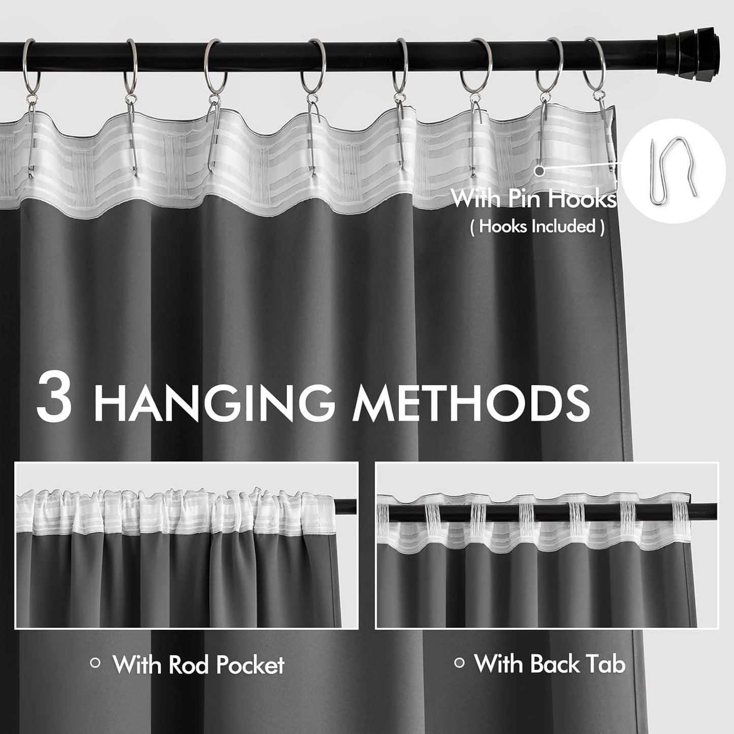 MIULEE Grey Back Tab Blackout Curtains 72 Inch Length 2 Panels Set for Living Room Bedroom Privacy, Rod Pocket/Pinch Pleat Thermal Insulated Room Darkening Pleated Light Blocking Drapes
