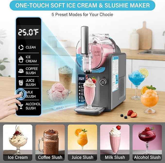 Ice Cream Machine Slushie Machine for Home - Slushy Machine Maker Frozen Drink Maker No Ice Needed Self Cleaning, 5 Preset for Soft Serve Ice Cream, Slushie, Margarita, Frappés, Milkshake