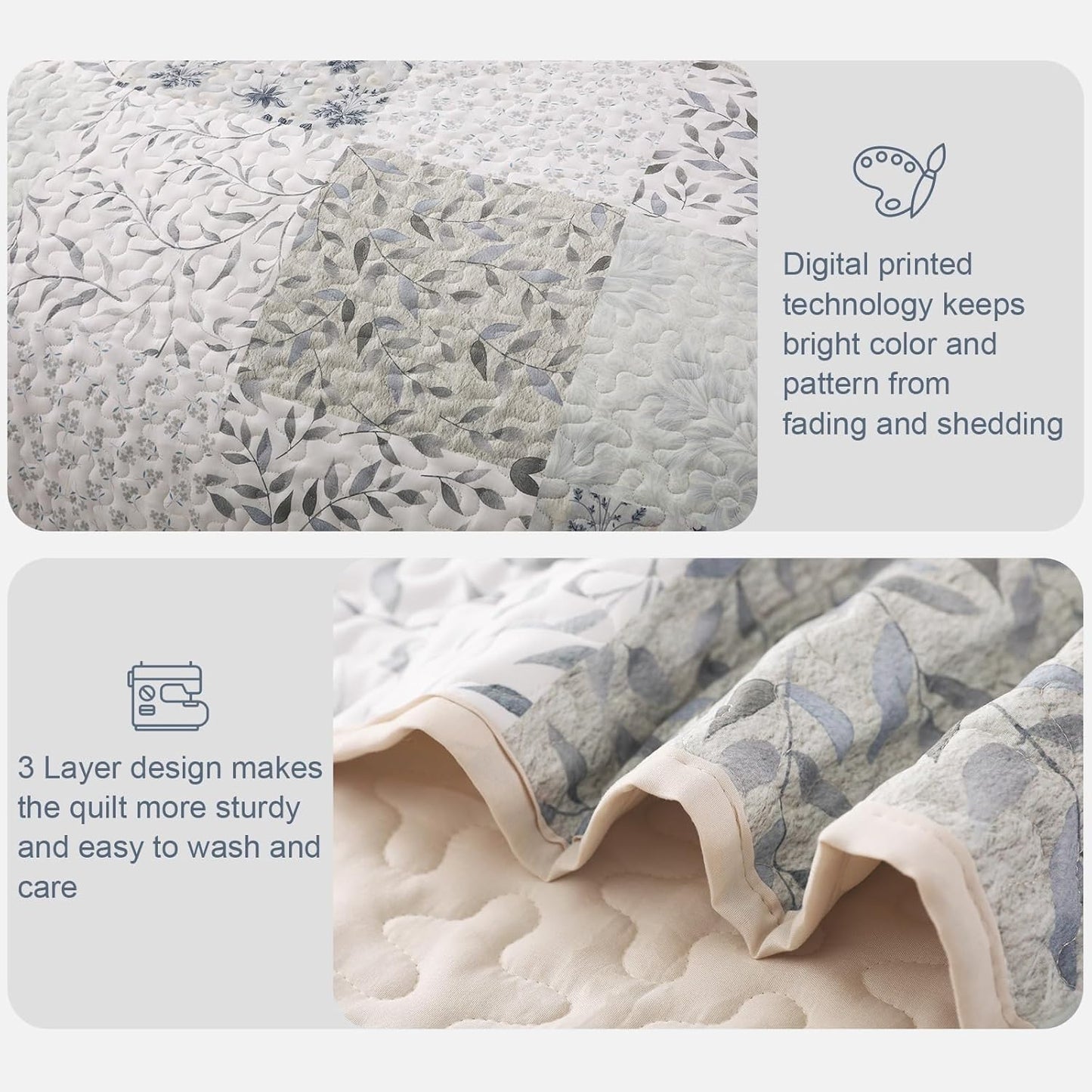 Exclusivo Mezcla Reversible Boho Quilt Set Queen Size, 3 Pieces Patchwork Gray All Season Bedspreads, Ultra Soft Floral Coverlet Bedding Set with Printed Pattern (1 Quilt, 2 Pillow Shams)