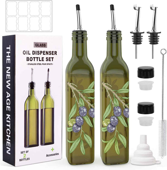 COOLMI Oil and Vinegar Dispenser Set - 17oz/500ML Premium Glass Olive Oil Dispenser Bottles for Kitchen, Oil Dispenser for Kitchen (Olive)