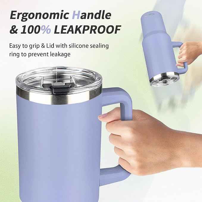 40 oz Tumbler with Handle, Insulated Tumbler with Lid and Straw, Reusable Stainless Steel Vacuum Insulated Cup, 100% Leak Proof Thermal Travel Coffee Mug Cup for Cold and Hot (Light Purple)