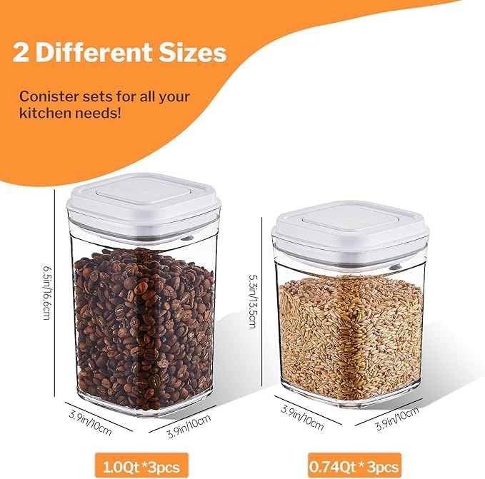 Pop Top Food Storage Container Set | 6Pcs Airtight Cereal Storage Organizer Canisters with Pop Lids, BPA-Free, Vacuum Seal & One-button Opening, Stackable Dry Food Storage (0.74, 1qt)*3