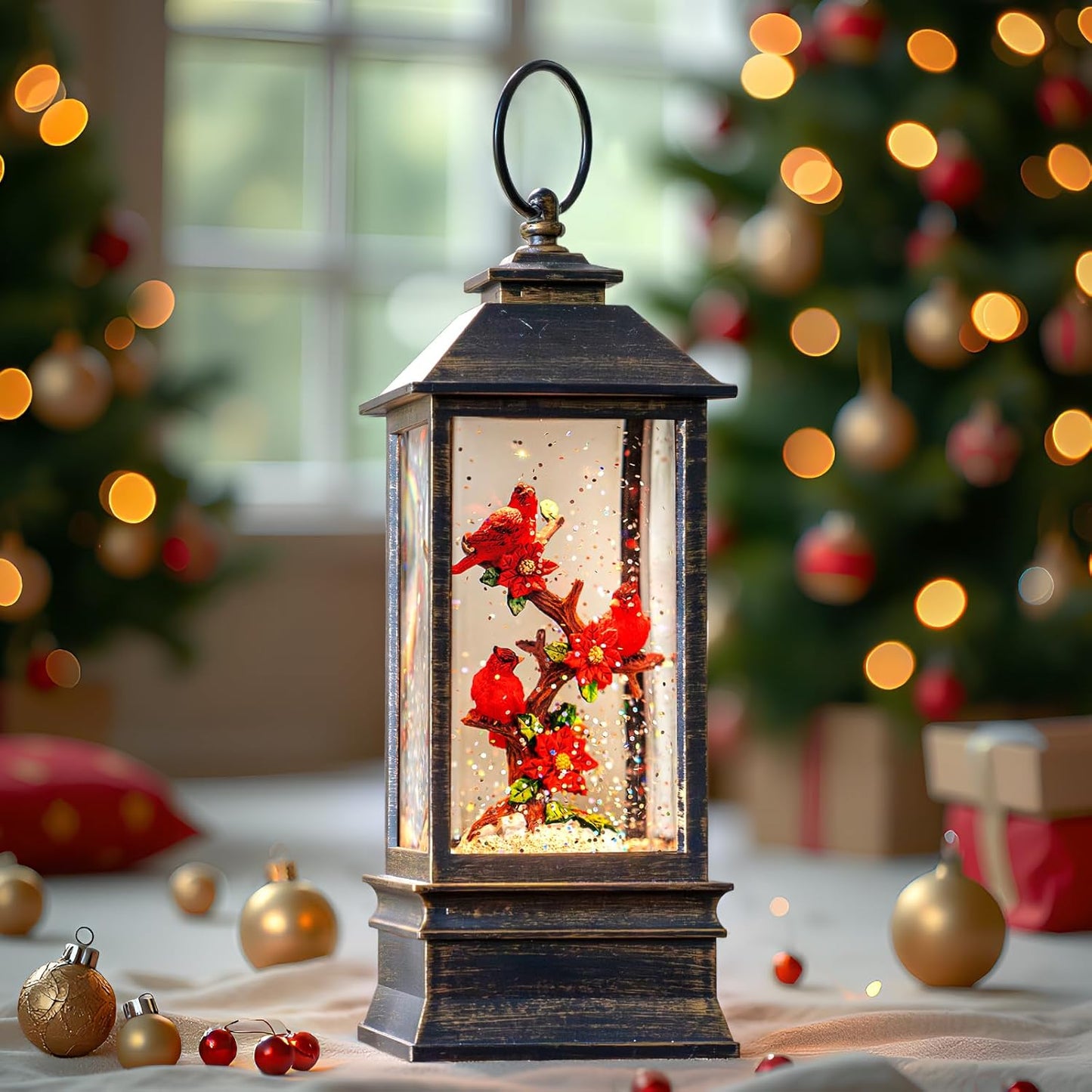 Christmas Snow Globe Lantern Indoor Decor Cardinal with Music,6H Timer,USB Lined/Battery Operated Lighted Lantern for Christmas Festival Decoration Giftsts