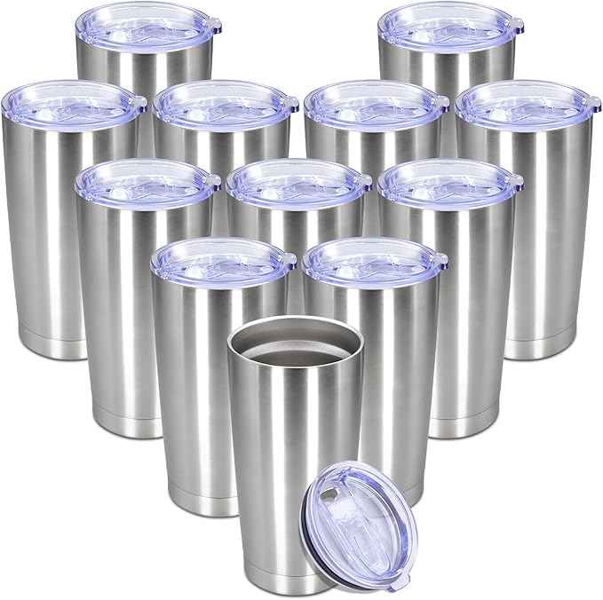 20 oz Tumbler with lid Double Wall Vacuum Insulated Tumblers Stainless Steel Coffee Mug Travel Coffee Tumbler Powder Coated Tumbler Cup Keep Hot&Cold - (Stainless 12 Pack)