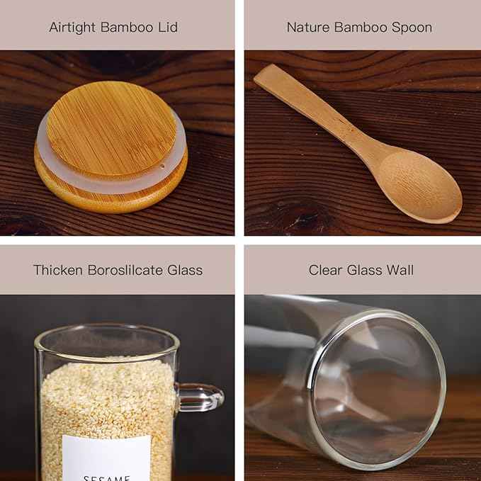 8 Pcs Glass Containers with Bamboo Lids and Spoons - 10 oz Sugar Container with 148 Kitchen Pantry Spice Jar Labels Preprinted - Glass Spice Jars with Wooden Lids Hold Coffee, Tea, Candy, Herbs