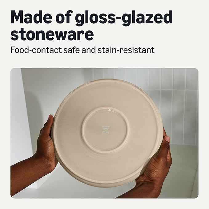 Amazon Basics Glazed Stoneware Dinner Plates, Ceramic 4-Piece Set, Microwave, Dishwasher and Freezer-Safe, Modern Design, 10.5 in., Linen Gray