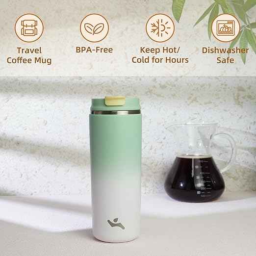 Konokyo Tumbler with Lid, 16 oz Travel Coffee Mug Double Wall Vacuum Stainless Steel Thermal Metal Cup Insulated Water Bottle,GreenWhite