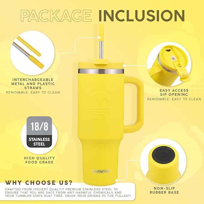 FAHRMOSIS 40 Oz Tumbler with Handle and Straw Insulated Cup that Fits in Cup Holder for Hot & Cold Drinks Leak Proof Tumbler with Straw Stainless Steel Travel Mug for Men & Women - Yellow