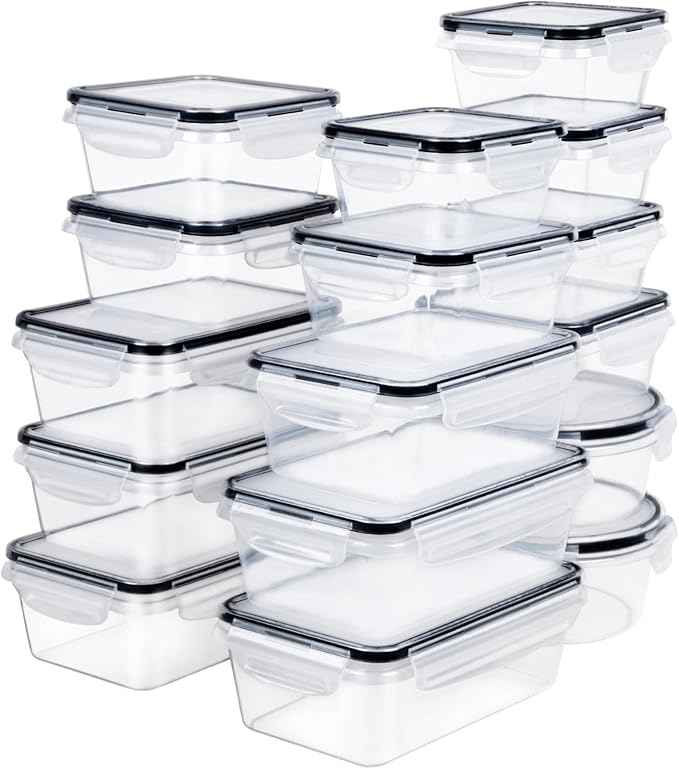 FOOYOO 32 Piece Food Storage Container with Lids (16 Containers + 16 Lids) - Plastic Food Containers with Lid, Airtight Leak Proof Snap Lock, BPA Free Storage Containers