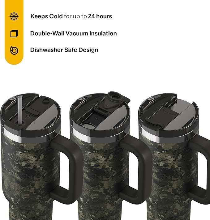 RTIC 40 oz Road Trip Tumbler Double-Walled Cermaic Lined Insulated Stainless Steel Portable Travel Coffee Mug Cup with Lid, Handle and Straw, Olive Midnight Camo