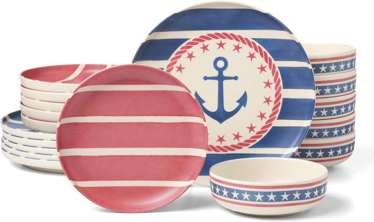 Oneida Dinnerware Sets, 24 Seven Melamine Aweigh We Go 18-Piece Dinnerware, Set for 6, Service For 6, Melamine Material, Dishwasher Safe, Plates And Bowls, Dinner Dishes, Kitchen (Assorted, 18 Piece)