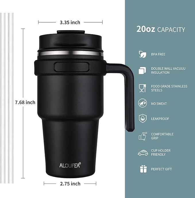 20 oz Insulated Coffee Mug Tumbler with Handle, Stainless Steel Travel Mug Tumbler with Lid and Straw,Double Wall Vacuum Leak Proof Ice Coffee Thermal Cup,Sage