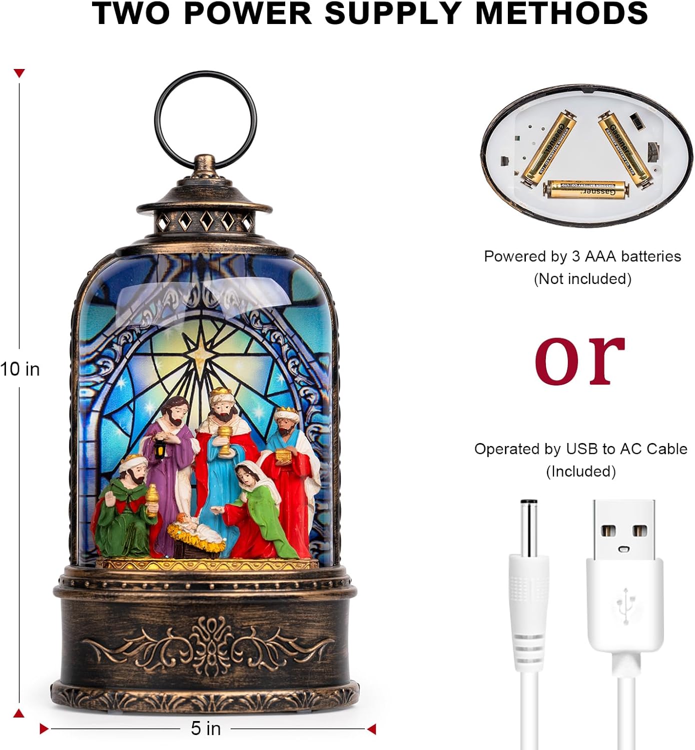 Christmas Snow Globe Swirling Glittering Nativity Scene with Music, USB Lined/Battery Operated Lighted Water Lantern for Christmas Festival Decoration Gifts