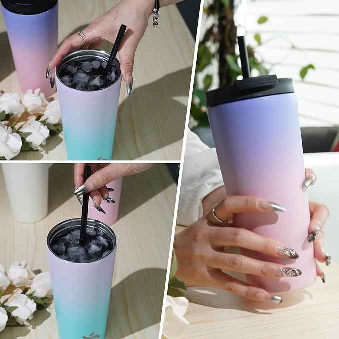 Konokyo 18 OZ Insulated Tumbler with Lid and 2 Straws Stainless Steel Water Bottle Vacuum Travel Mug Coffee Cup,Black