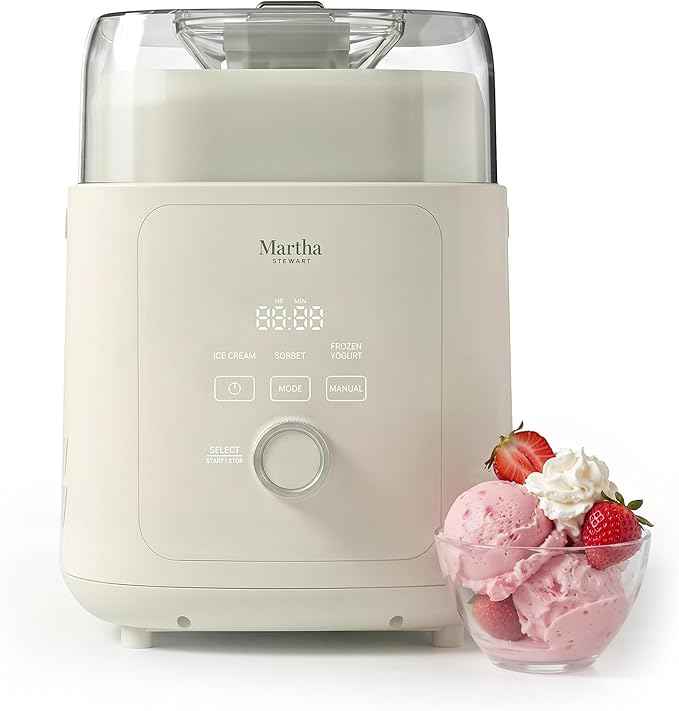 Martha Stewart 1 Quart Ice Cream Maker, Built-In Compressor, No Pre-Freezing Required, 3 Modes (Ice Cream, Sorbet, Frozen Yogurt), Automatic Mix-In Alert, Dishwasher-Safe Parts, Linen White
