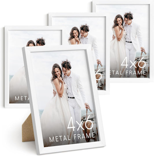HAUS AND HUES 4x6 White Metal Picture Frames - White 4X6 Photo Frames - Features Premium Aluminum, Vertical Hanging, Easel Back for Tabletop, Home, Office (4x6 in, White, Set of 4)