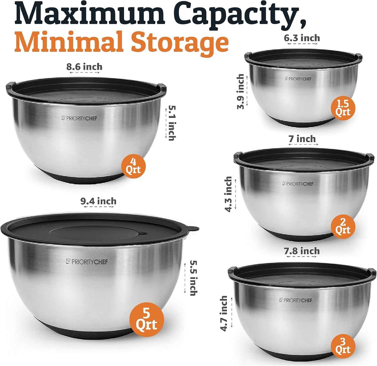 Priority Chef Stainless Steel Mixing Bowls with Lids Set, 3 Grater Attachments, Airtight Lids, Non-Slip Silicone Base Mixing Bowl Set, Large Prep Metal Mixing Bowls for Kitchen, Black
