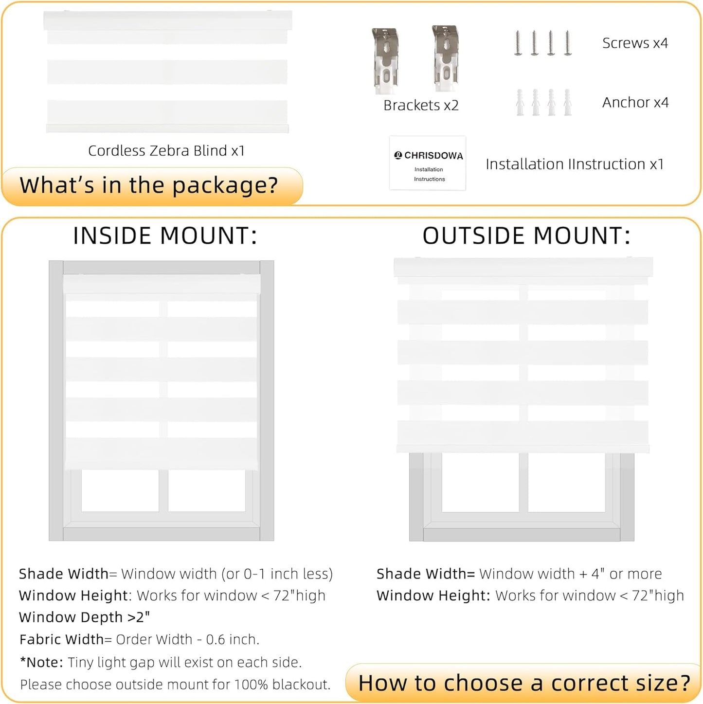 ChrisDowa Cordless Zebra Blinds for Windows, Dual Layer Free-Stop Light Filtering Window Roller Shades, Pull Down Privacy Zebra Shades for Home, Office, Bedroom, Door (35" W x 72" H, White)