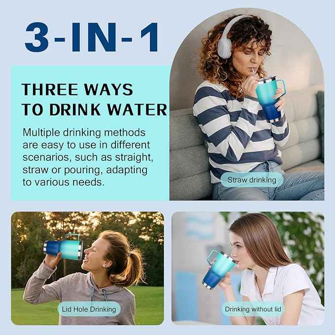 30 oz Stainless Steel Tumbler with Handle, Double Wall Vacuum Insulated Coffee Mug with Lid and Straw, Thermal Cup for Cold and Hot (Light Dark Blue)